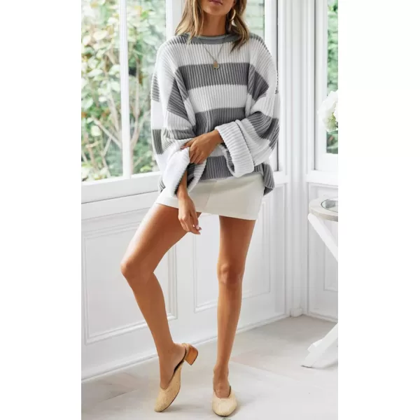 ZESICA Womens 2024 Fall Long Sleeve Crew Neck Striped Color Block Comfy Loose Oversized Knitted Pullover SweaterGrey