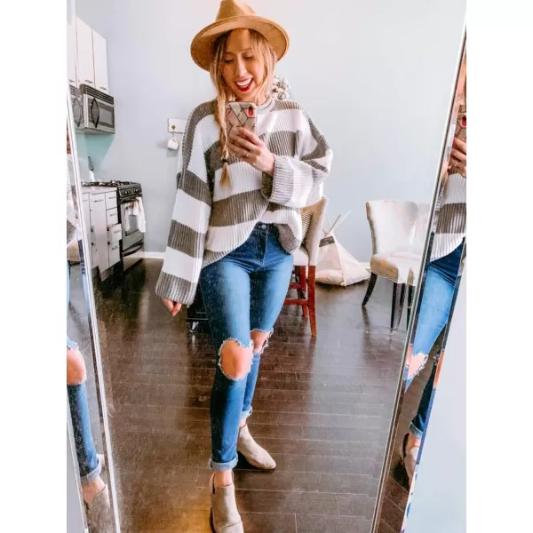 ZESICA Womens 2024 Fall Long Sleeve Crew Neck Striped Color Block Comfy Loose Oversized Knitted Pullover SweaterGrey