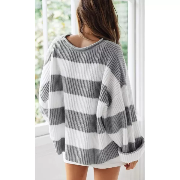 ZESICA Womens 2024 Fall Long Sleeve Crew Neck Striped Color Block Comfy Loose Oversized Knitted Pullover SweaterGrey