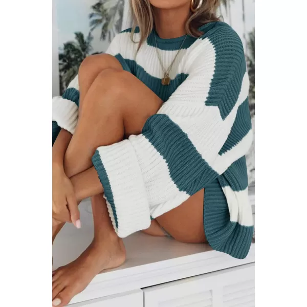 ZESICA Womens 2024 Fall Long Sleeve Crew Neck Striped Color Block Comfy Loose Oversized Knitted Pullover SweaterGreygreen