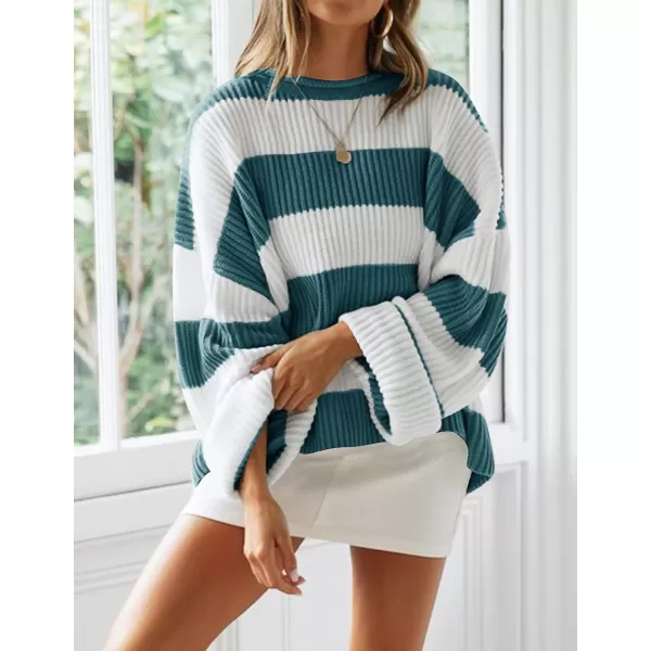 ZESICA Womens 2024 Fall Long Sleeve Crew Neck Striped Color Block Comfy Loose Oversized Knitted Pullover SweaterGreygreen
