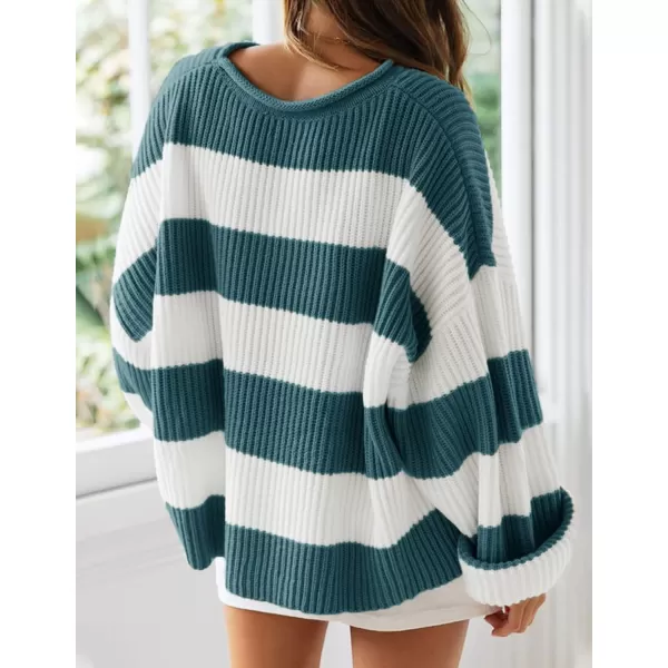 ZESICA Womens 2024 Fall Long Sleeve Crew Neck Striped Color Block Comfy Loose Oversized Knitted Pullover SweaterGreygreen