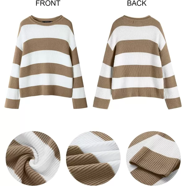 ZESICA Womens 2024 Fall Long Sleeve Crew Neck Striped Color Block Comfy Loose Oversized Knitted Pullover SweaterLightkhaki
