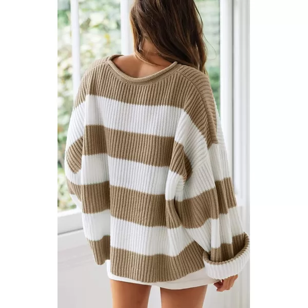 ZESICA Womens 2024 Fall Long Sleeve Crew Neck Striped Color Block Comfy Loose Oversized Knitted Pullover SweaterLightkhaki
