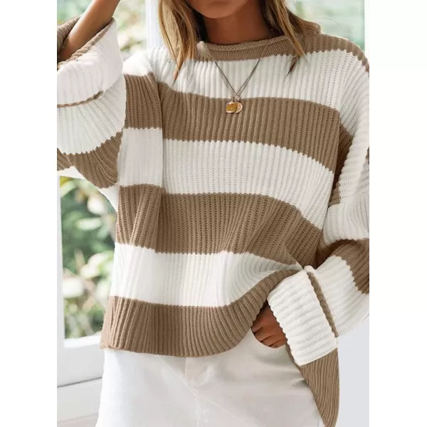 ZESICA Womens 2024 Fall Long Sleeve Crew Neck Striped Color Block Comfy Loose Oversized Knitted Pullover SweaterLightkhaki