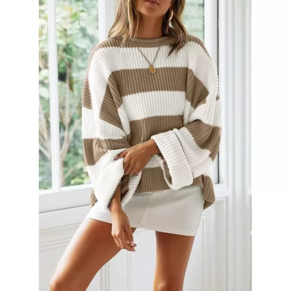 ZESICA Womens 2024 Fall Long Sleeve Crew Neck Striped Color Block Comfy Loose Oversized Knitted Pullover SweaterLightkhaki