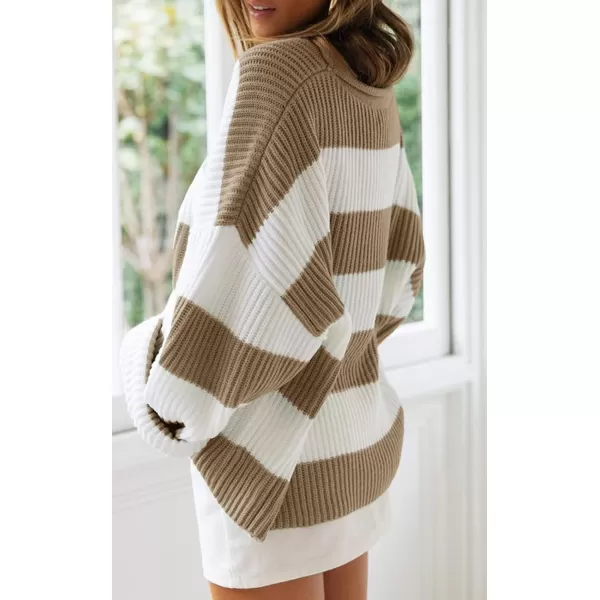 ZESICA Womens 2024 Fall Long Sleeve Crew Neck Striped Color Block Comfy Loose Oversized Knitted Pullover SweaterLightkhaki