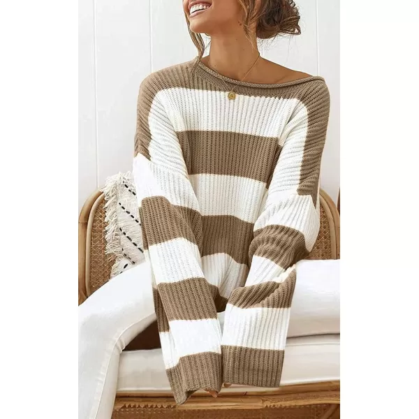 ZESICA Womens 2024 Fall Long Sleeve Crew Neck Striped Color Block Comfy Loose Oversized Knitted Pullover SweaterLightkhaki
