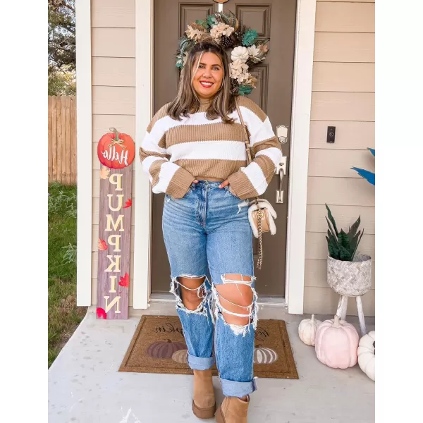 ZESICA Womens 2024 Fall Long Sleeve Crew Neck Striped Color Block Comfy Loose Oversized Knitted Pullover SweaterLightkhaki