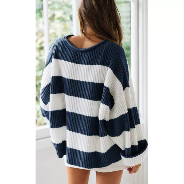 ZESICA Womens 2024 Fall Long Sleeve Crew Neck Striped Color Block Comfy Loose Oversized Knitted Pullover SweaterNavy