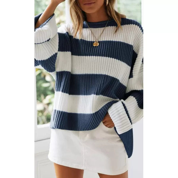 ZESICA Womens 2024 Fall Long Sleeve Crew Neck Striped Color Block Comfy Loose Oversized Knitted Pullover SweaterNavy