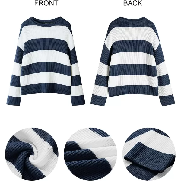 ZESICA Womens 2024 Fall Long Sleeve Crew Neck Striped Color Block Comfy Loose Oversized Knitted Pullover SweaterNavy