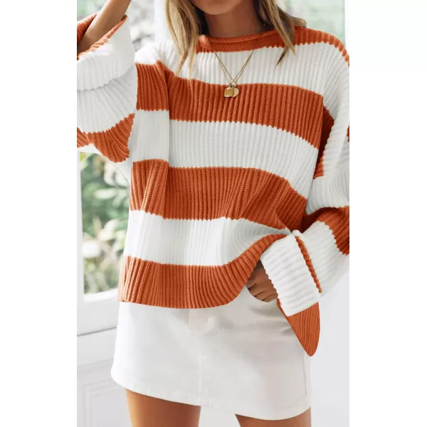 ZESICA Womens 2024 Fall Long Sleeve Crew Neck Striped Color Block Comfy Loose Oversized Knitted Pullover SweaterOrange