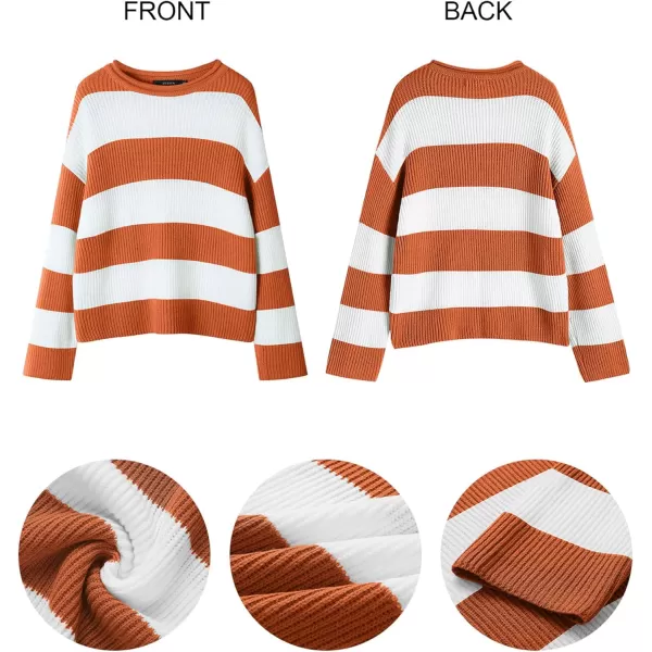 ZESICA Womens 2024 Fall Long Sleeve Crew Neck Striped Color Block Comfy Loose Oversized Knitted Pullover SweaterOrange