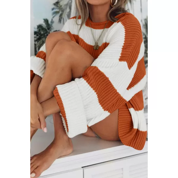 ZESICA Womens 2024 Fall Long Sleeve Crew Neck Striped Color Block Comfy Loose Oversized Knitted Pullover SweaterOrange