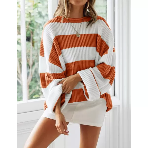 ZESICA Womens 2024 Fall Long Sleeve Crew Neck Striped Color Block Comfy Loose Oversized Knitted Pullover SweaterOrange