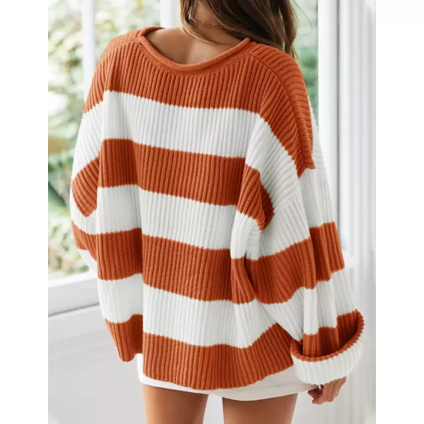 ZESICA Womens 2024 Fall Long Sleeve Crew Neck Striped Color Block Comfy Loose Oversized Knitted Pullover SweaterOrange