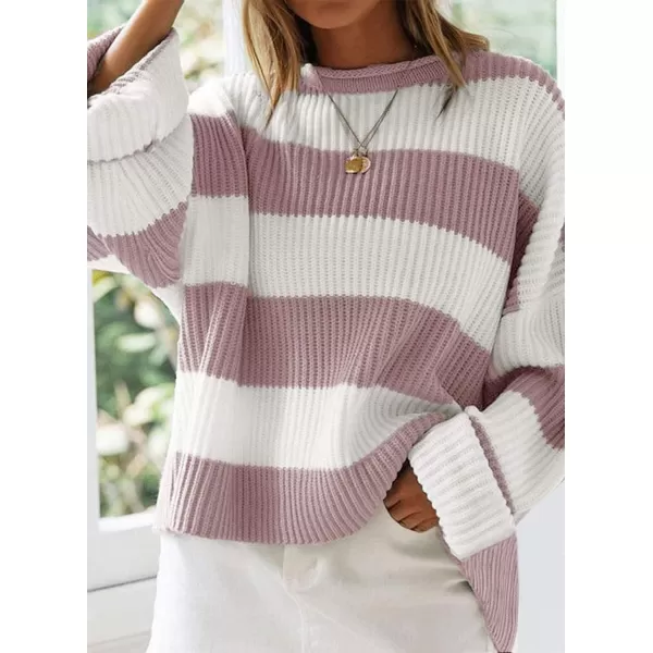 ZESICA Womens 2024 Fall Long Sleeve Crew Neck Striped Color Block Comfy Loose Oversized Knitted Pullover SweaterPink