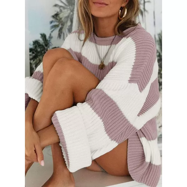 ZESICA Womens 2024 Fall Long Sleeve Crew Neck Striped Color Block Comfy Loose Oversized Knitted Pullover SweaterPink