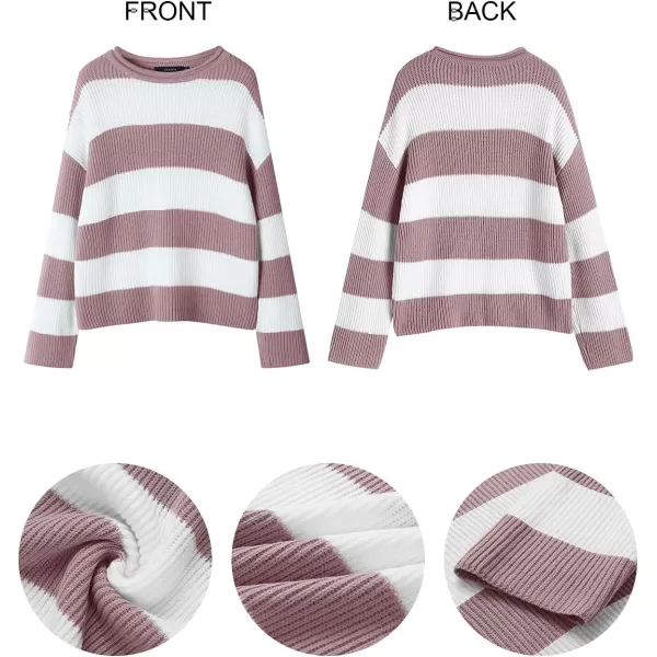 ZESICA Womens 2024 Fall Long Sleeve Crew Neck Striped Color Block Comfy Loose Oversized Knitted Pullover SweaterPink