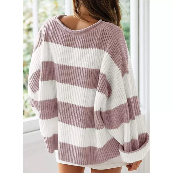 ZESICA Womens 2024 Fall Long Sleeve Crew Neck Striped Color Block Comfy Loose Oversized Knitted Pullover SweaterPink
