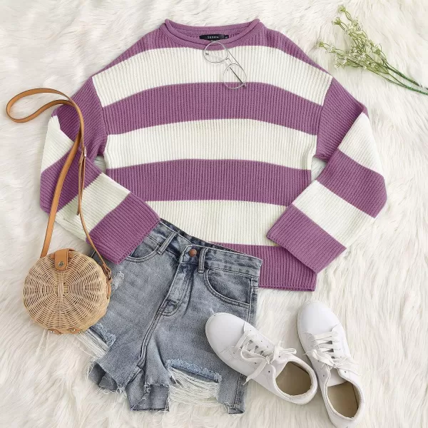 ZESICA Womens 2024 Fall Long Sleeve Crew Neck Striped Color Block Comfy Loose Oversized Knitted Pullover SweaterPurple