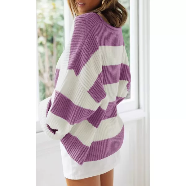 ZESICA Womens 2024 Fall Long Sleeve Crew Neck Striped Color Block Comfy Loose Oversized Knitted Pullover SweaterPurple