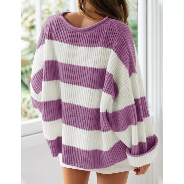 ZESICA Womens 2024 Fall Long Sleeve Crew Neck Striped Color Block Comfy Loose Oversized Knitted Pullover SweaterPurple