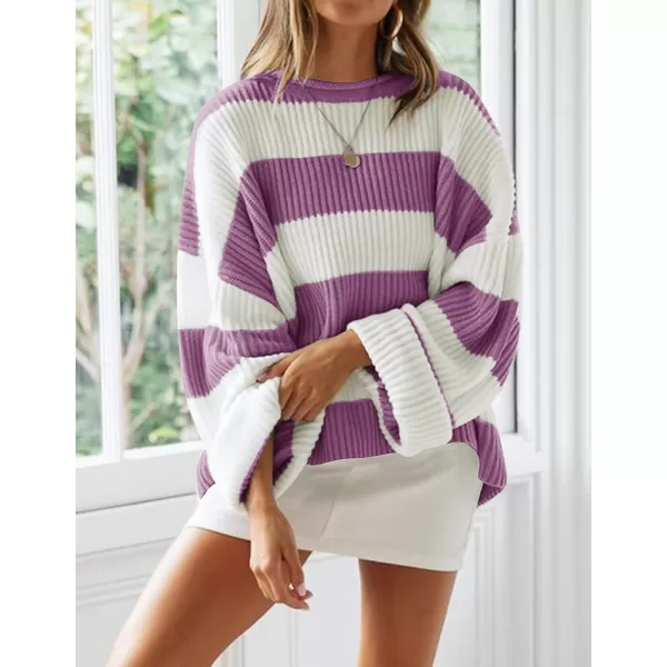 ZESICA Womens 2024 Fall Long Sleeve Crew Neck Striped Color Block Comfy Loose Oversized Knitted Pullover SweaterPurple