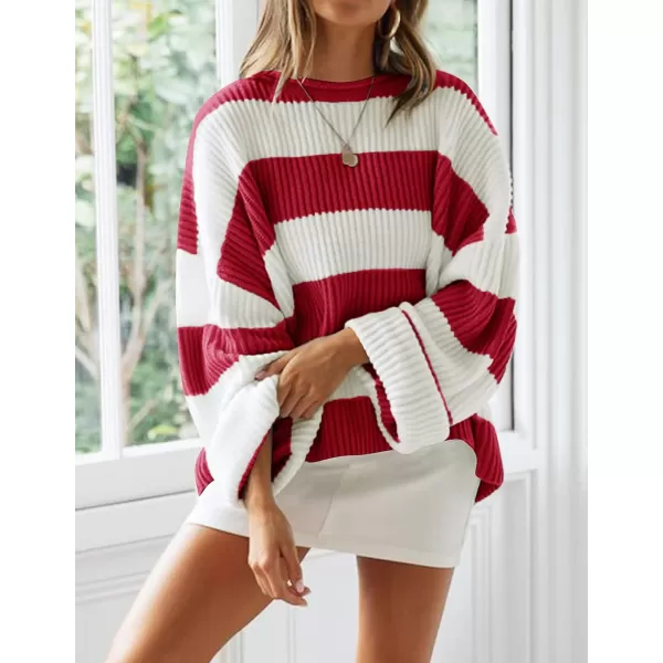 ZESICA Womens 2024 Fall Long Sleeve Crew Neck Striped Color Block Comfy Loose Oversized Knitted Pullover SweaterRed