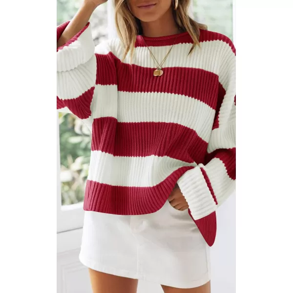 ZESICA Womens 2024 Fall Long Sleeve Crew Neck Striped Color Block Comfy Loose Oversized Knitted Pullover SweaterRed
