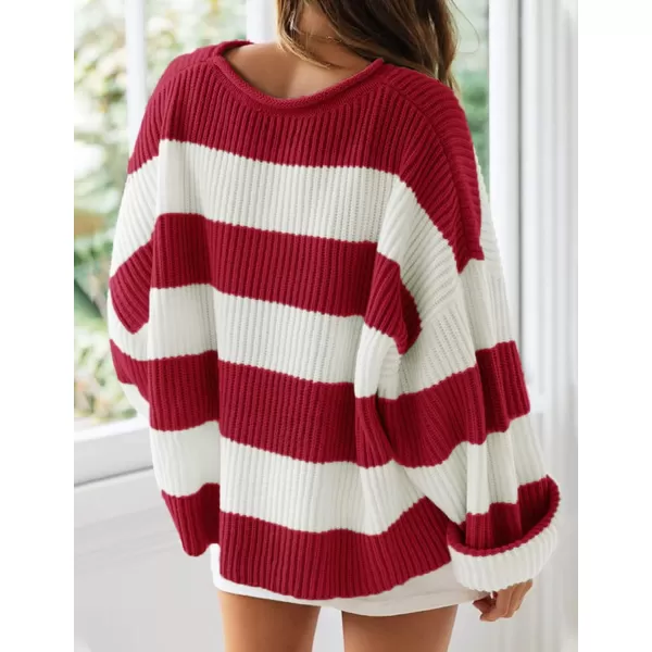 ZESICA Womens 2024 Fall Long Sleeve Crew Neck Striped Color Block Comfy Loose Oversized Knitted Pullover SweaterRed