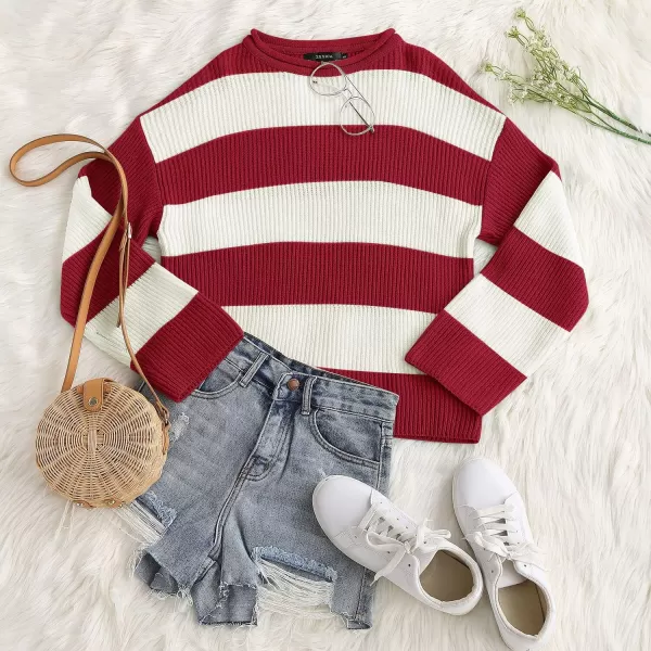 ZESICA Womens 2024 Fall Long Sleeve Crew Neck Striped Color Block Comfy Loose Oversized Knitted Pullover SweaterRed