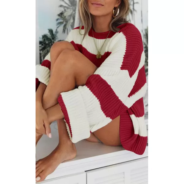 ZESICA Womens 2024 Fall Long Sleeve Crew Neck Striped Color Block Comfy Loose Oversized Knitted Pullover SweaterRed
