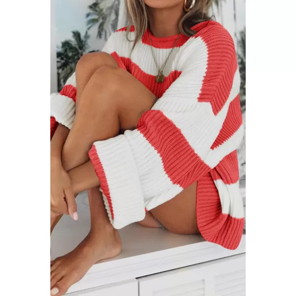 ZESICA Womens 2024 Fall Long Sleeve Crew Neck Striped Color Block Comfy Loose Oversized Knitted Pullover SweaterWatermelon