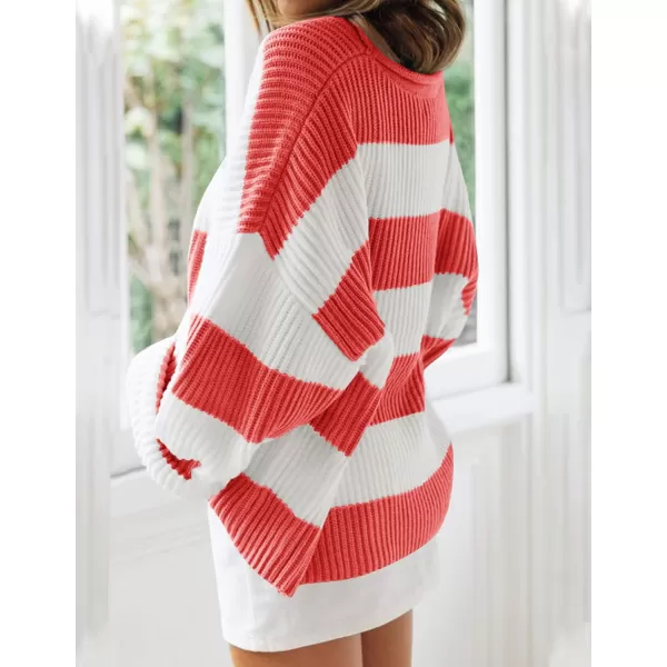 ZESICA Womens 2024 Fall Long Sleeve Crew Neck Striped Color Block Comfy Loose Oversized Knitted Pullover SweaterWatermelon