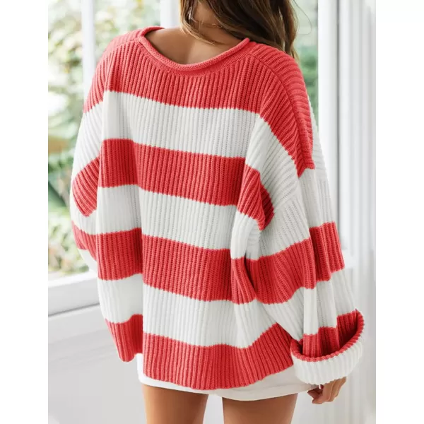 ZESICA Womens 2024 Fall Long Sleeve Crew Neck Striped Color Block Comfy Loose Oversized Knitted Pullover SweaterWatermelon