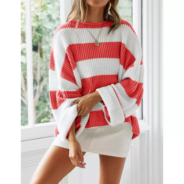 ZESICA Womens 2024 Fall Long Sleeve Crew Neck Striped Color Block Comfy Loose Oversized Knitted Pullover SweaterWatermelon