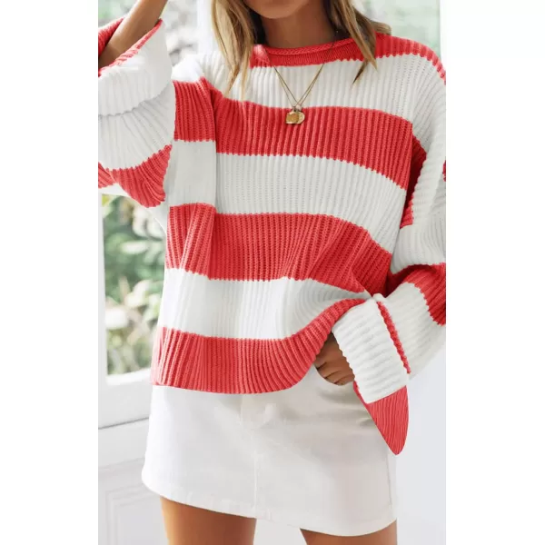 ZESICA Womens 2024 Fall Long Sleeve Crew Neck Striped Color Block Comfy Loose Oversized Knitted Pullover SweaterWatermelon