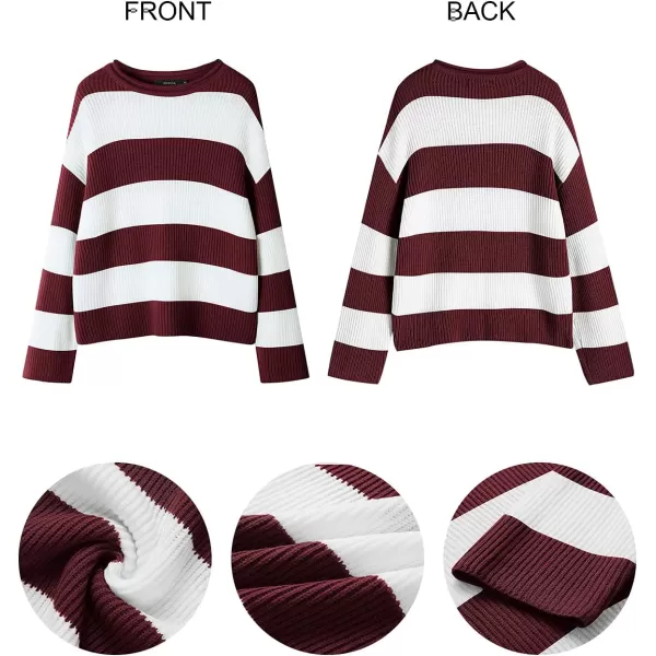 ZESICA Womens 2024 Fall Long Sleeve Crew Neck Striped Color Block Comfy Loose Oversized Knitted Pullover SweaterWine