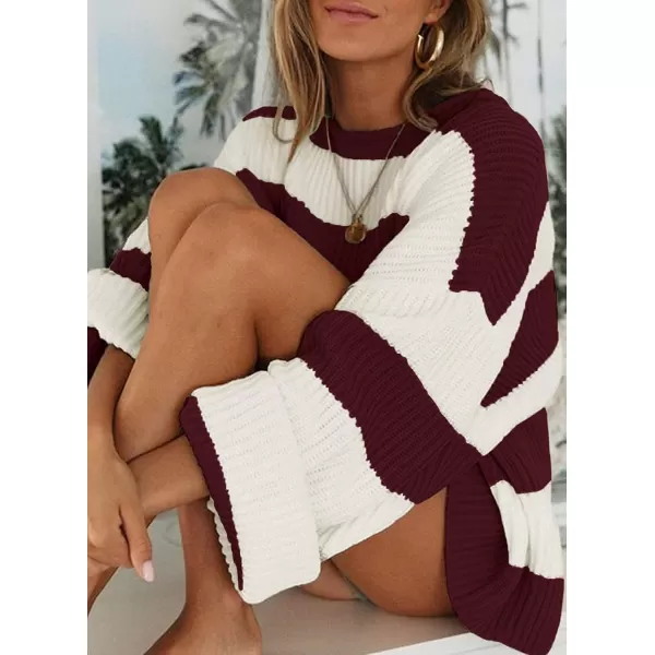 ZESICA Womens 2024 Fall Long Sleeve Crew Neck Striped Color Block Comfy Loose Oversized Knitted Pullover SweaterWine