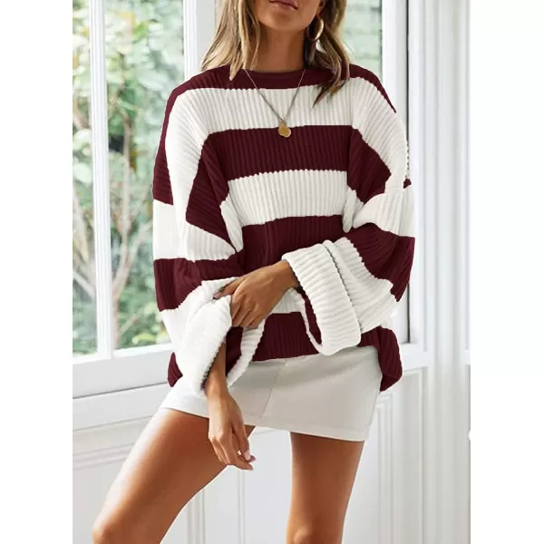 ZESICA Womens 2024 Fall Long Sleeve Crew Neck Striped Color Block Comfy Loose Oversized Knitted Pullover SweaterWine