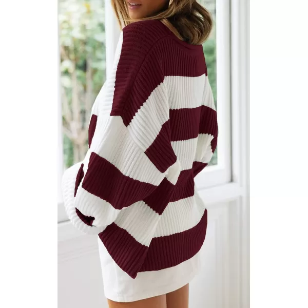 ZESICA Womens 2024 Fall Long Sleeve Crew Neck Striped Color Block Comfy Loose Oversized Knitted Pullover SweaterWine