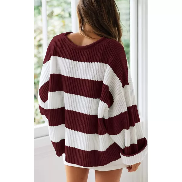 ZESICA Womens 2024 Fall Long Sleeve Crew Neck Striped Color Block Comfy Loose Oversized Knitted Pullover SweaterWine