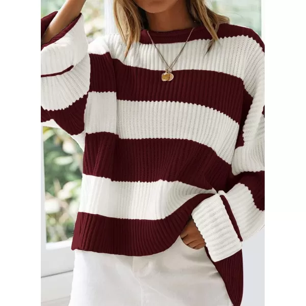 ZESICA Womens 2024 Fall Long Sleeve Crew Neck Striped Color Block Comfy Loose Oversized Knitted Pullover SweaterWine