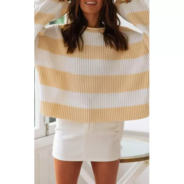 ZESICA Womens 2024 Fall Long Sleeve Crew Neck Striped Color Block Comfy Loose Oversized Knitted Pullover SweaterYellow