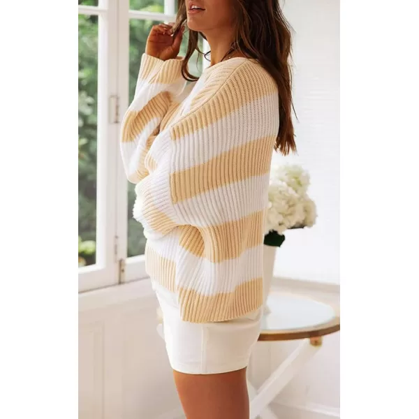 ZESICA Womens 2024 Fall Long Sleeve Crew Neck Striped Color Block Comfy Loose Oversized Knitted Pullover SweaterYellow