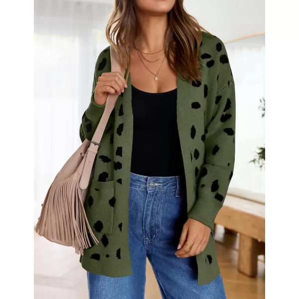 ZESICA Womens 2024 Fall Winter Long Sleeves Open Front Leopard Print Knitted Sweater Cardigan Coat OutwearArmygreen