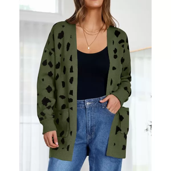 ZESICA Womens 2024 Fall Winter Long Sleeves Open Front Leopard Print Knitted Sweater Cardigan Coat OutwearArmygreen