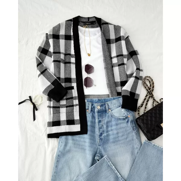 ZESICA Womens 2024 Fall Winter Long Sleeves Open Front Leopard Print Knitted Sweater Cardigan Coat OutwearBlack Plaid